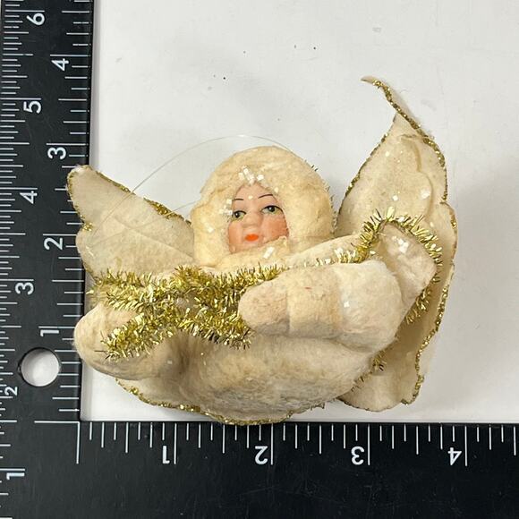Vintage Mica Angel Ornament Gold Tinsel Star Puffy Felt Wings 3" Christmas Decor - Picture 8 of 8